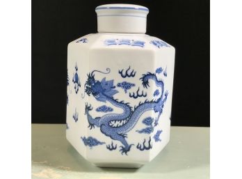 Unusual Vintage Japanese Hexagonal Blue & White Porcelain Lidded Vase - Signed As Shown
