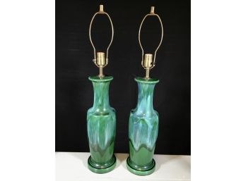 Fantastic Pair Of Vintage Mid Century Green Pottery Vasiform Lamps - All Original Pieces