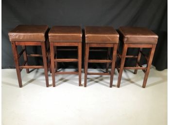 Great Set Of Four (4) POTTERY BARN Meryl Square Stools - Bonded Leather Seats - Great Patina & Surface