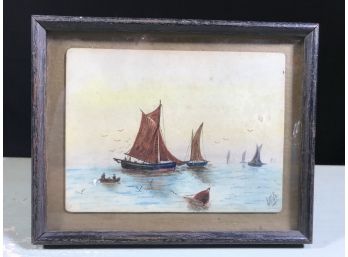 Beautiful Small Antique Watercolor With Ships - 1890 - 1920 - EMS ? - Watercolor Under Glass - VERY NICE !