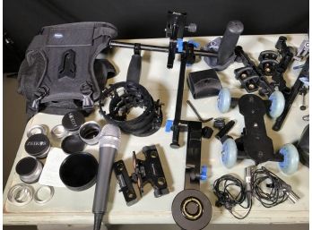 HUGE LOT Great Camera Cage For DSLR Or Video & Microphones - Steadicam Type Rig OVER 75 Pieces Camera Rig Lot