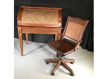 Fantastic PIER 1 Furniture - Roll Top Desk & Matching Rolling Chair - Nice Wicker Work Details - GREAT SET