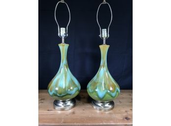 Amazing Pair Of Vintage Green MIDCENTURY Vasiform Lamps - Fantastic Colors & Condition - WOW - Paid $885