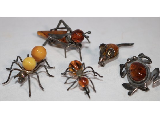 Sterling Silver And Amber Brooches