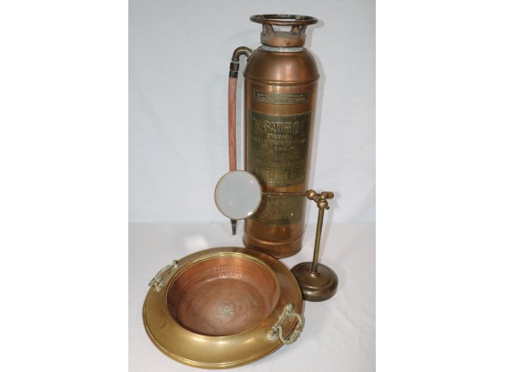 Antique Fire Extinguisher, Center Bowl And Table Magnifying Glass