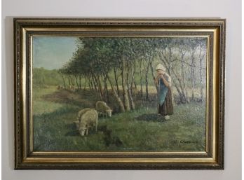 Oil On Canvas Painting With Sheep And Herder
