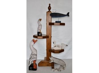 Wood Plant Stand With Assorted Carved Wooden Animals