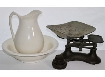Wash Bowl And Pitcher & Antique Scale.