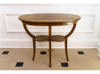 Oval Shaped Wooden Hallway Side Table With Lower Tier And Splay Footed Base