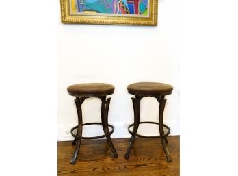 Pair Of Stools With Upholstered Circular Seats And Metal Bases