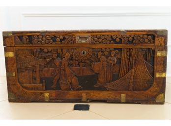 Vintage Chinese Camphor Wood Chest With Intricately Carved Exterior And Brass Tone Hinges