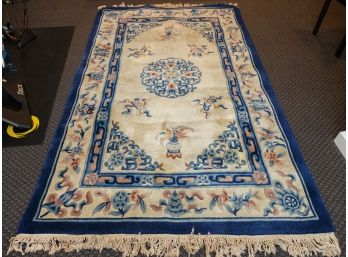 Vintage Blue And Cream Tone Chinese Wool Rug
