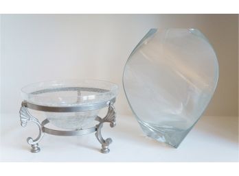 Modern Glass Vase And Trinket Dish With Metal Stand