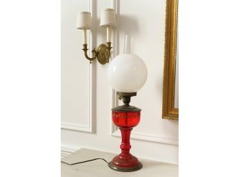 Vintage Cranberry Glass Electrified Kerosene Lamp