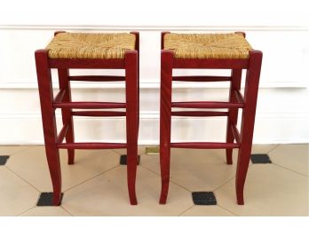 Pair Red Farmhouse Stools With Rush Seats