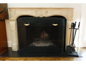 Curved Fireplace Screen In Black Finish & Matte Black Tool Set