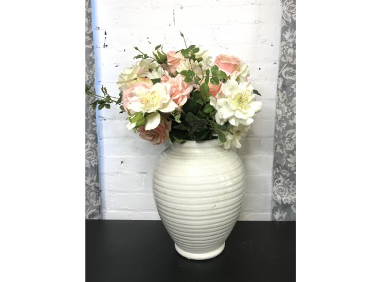 White Ceramic Vase With Peach & White Flowers