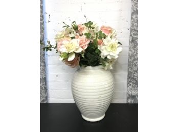 White Ceramic Vase With Peach & White Flowers