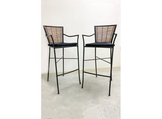 Two Wrought Iron Bar Stools With Rattan Seats And Backs