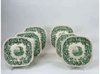 Six Spode Green & White Square Luncheon Plates