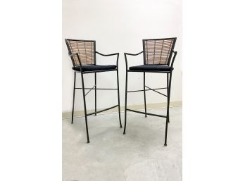 Two Wrought Iron Bar Stools With Rattan Seats And Backs