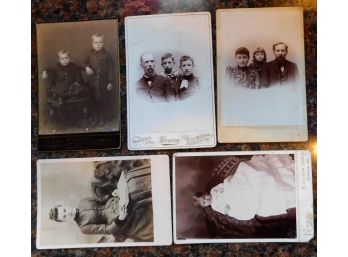 FIVE Antique Portrait Cabinet Cards, Families, Baby, Woman