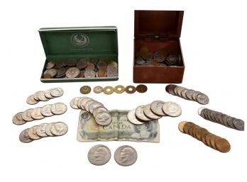 Collection Of Various Currency, JFK Half Dollars, Eisenhower Dollars, NYC Transit Tokens And Foreign Currency