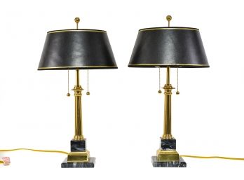Pair Of Hollywood Regency Style Brass And Marble Table Lamps