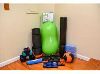 Assortment Of Gym Equipment - Weights, Yoga Blocks, Peanut Ball And More