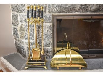 Five Piece Brass And Marble Fireplace Tool Set With Brass Log Holder