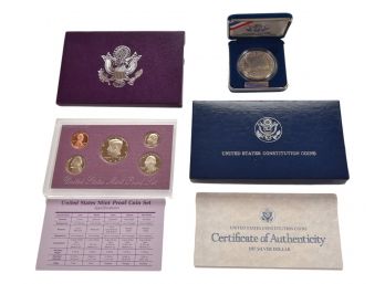1987 Uncirculated Commemorative United States Constitution Silver Dollar And United States Mint Proof Set