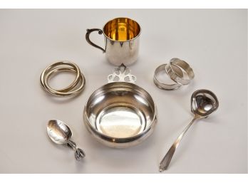 Sterling Silver Bowl, Spoons, Napkin And Teething Rings (6.320 Troy Ou.)