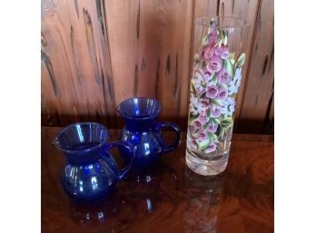 3 Pc Decorative Lot ~ Hand Painted Vase & 2 Cobalt Blue Creamers ~