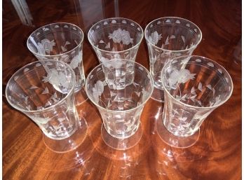 6 Beautiful Antique Footed Etched Glasses
