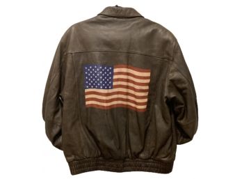 Mens Distressed Leather Coat W/ American Flag, Size XL