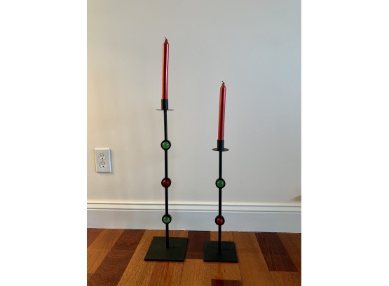 Two Tall Metal Candle Holders With Green & Red Glass Ball Adornments