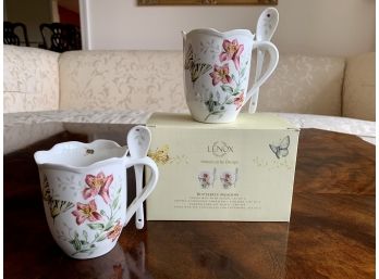 Set Of Two Lenox 'Butterfly Meadow' Cocoa Mugs With Spoons NIB