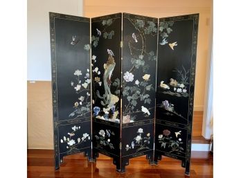 Exquisite Asian Lacquered Four Panel Screen With Carved Stone Applique