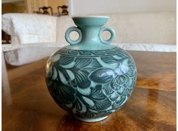 Small Asian Aquamarine Colored Decorated Double Handled Jug Form Vase