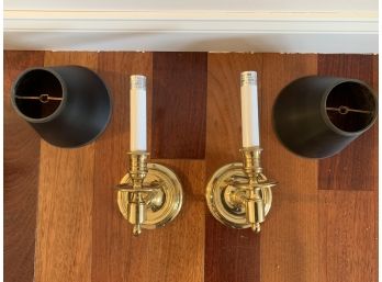Pair Of Quality Brass Wall Sconces With Speckled Gilt Lined Black Shades