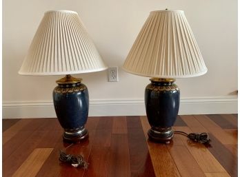 Pair Of Navy Vases On Wood Stands Converted To Lamps