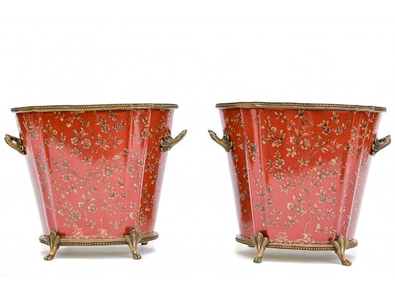Pair Of Ceramic Floral Planters With Brass Trim