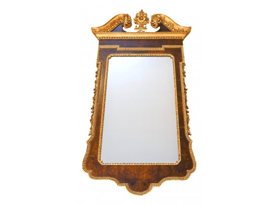 George II Style Walnut And Parcel Gilt Mirror With Pedimented Top