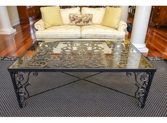 Antique French Iron Grill Coffee Table With Glass Top (RETAIL $1,595)