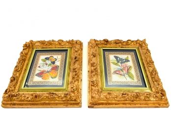 Pair Of Butterfly Prints Beautifully Framed In Carved Wood Frames
