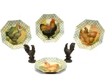Set Of Four Signed John Derian & Company Decoupage Octagon Shaped Plates And Rooster Statues