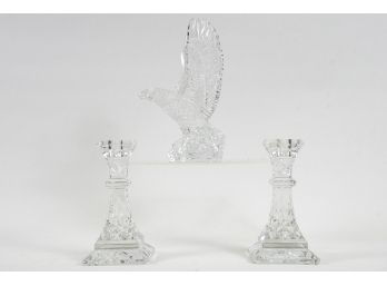 Waterford Crystal 'Lismore' Candle Holders And 'Fred Curtis' Collectible Eagle Sculpture