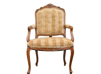 Louis XV Style Carved Wood Fauteuil Arm Chair With Cabriole Legs And Studded Cheetah Upholstery