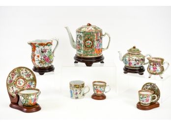 Vintage Chinese Export Rose Medallion Porcelain Teapots, Cups And Saucers