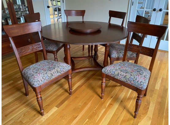 Ethan Allen British Classics Round Trestle Base Table And 6 Chairs With Embroidered Tapestry Upholstered Seat
